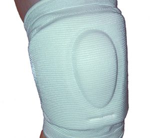 Barlow Knee Support pictured in white. Slip-on knee support with padding in the front and support all around. Shown in white. Also available in black.