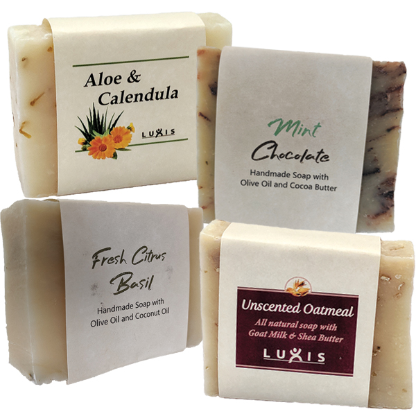 Natural Handmade soaps: Aloe & Calendula, Mint Chocolate, Fresh Citrus Basil and Unscented Oatmeal Goat Milk soap