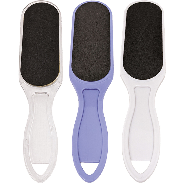 Long 2-Sided Foot File shown in 3 colors: clear, purple and white